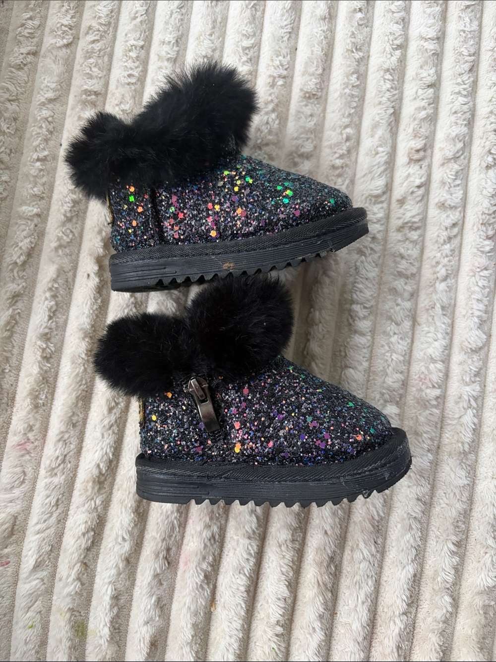 DC Kids Black Glitter Pom Booties with Multicolor Flecks